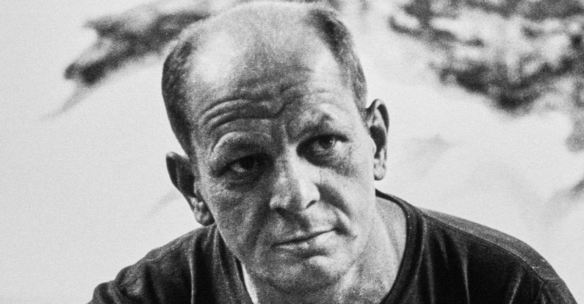 Jackson Pollock American abstract expressionist painter Jackson Pollock in front of one of his works at his studio in Springs, New York, 23rd August 1953.