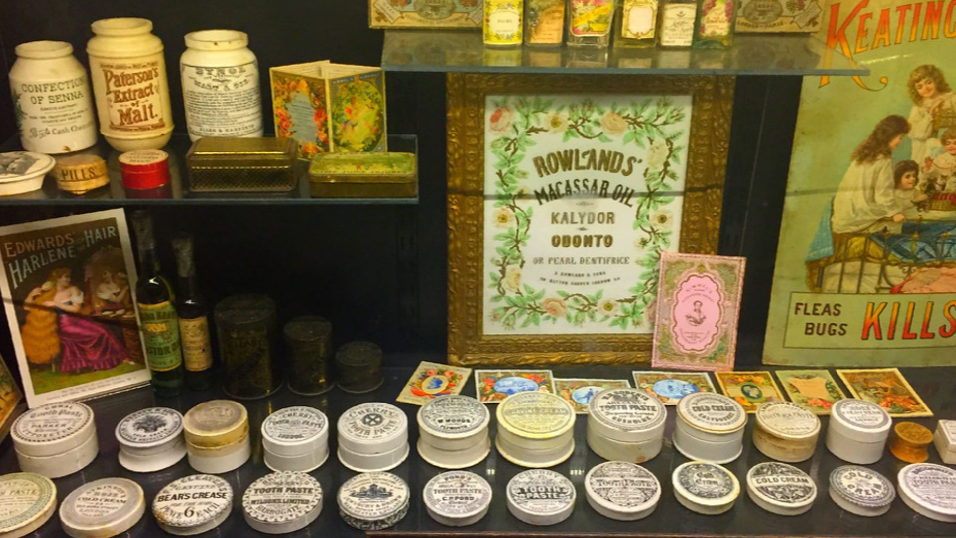 This image displays Victorian era Cosmetics such as cold creams, hair restorer and various oils
