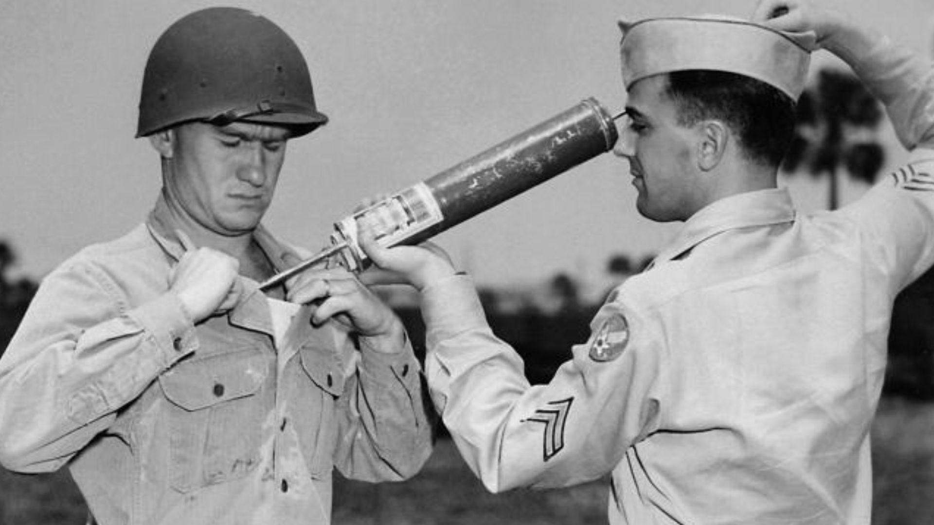 A U.S. soldier is demonstrating DDT-hand spraying equipment while applying the insecticide.
The use of DDT increased enormously on a worldwide basis after World War II, because of its effectiveness against the mosquito that spreads malaria and lice that c
