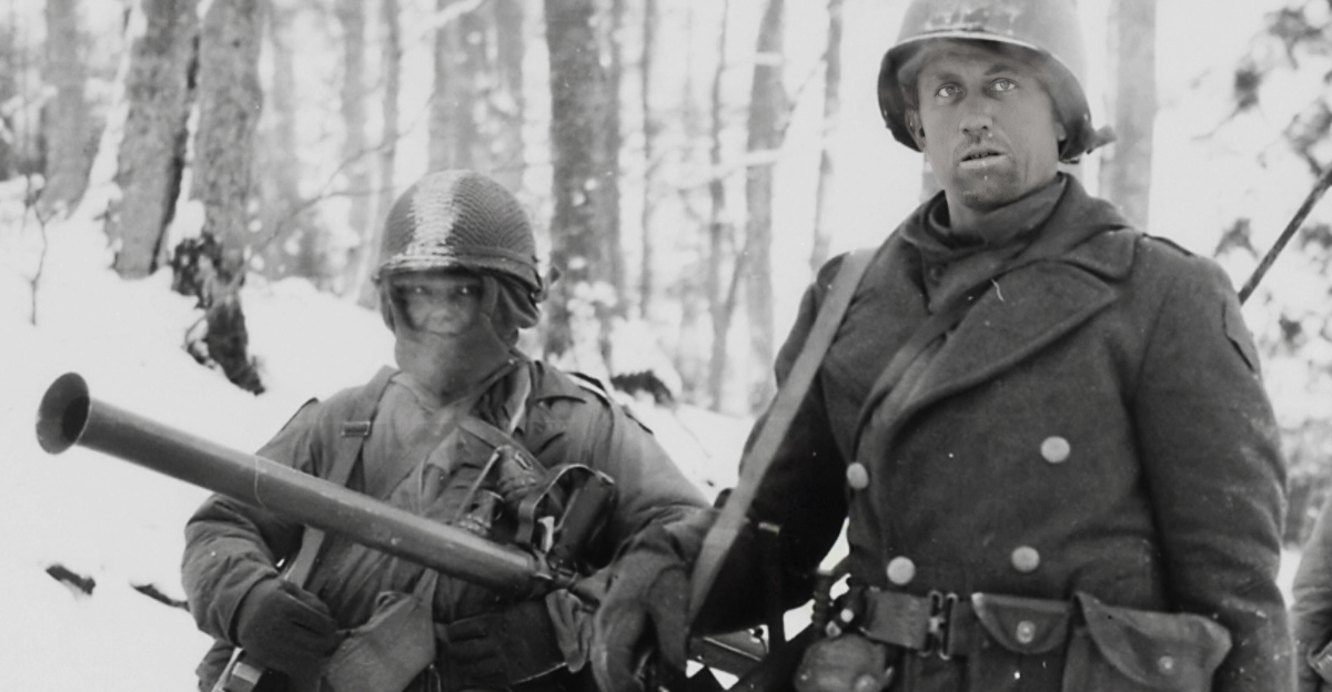 After holding a woodland position all night near Wiltz, Luxembourg, against German counter attack, three men of B Co., 101st Engineers, emerge for a rest.