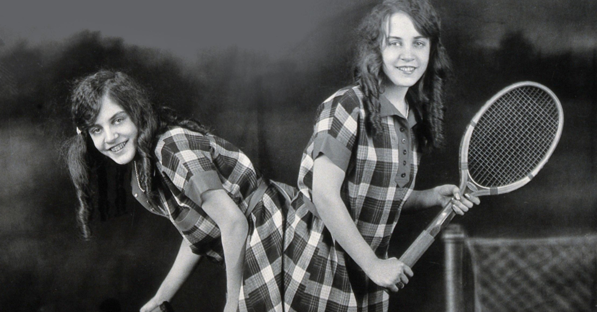 Daisy and Violet Hilton, conjoined twins, ready for tennis