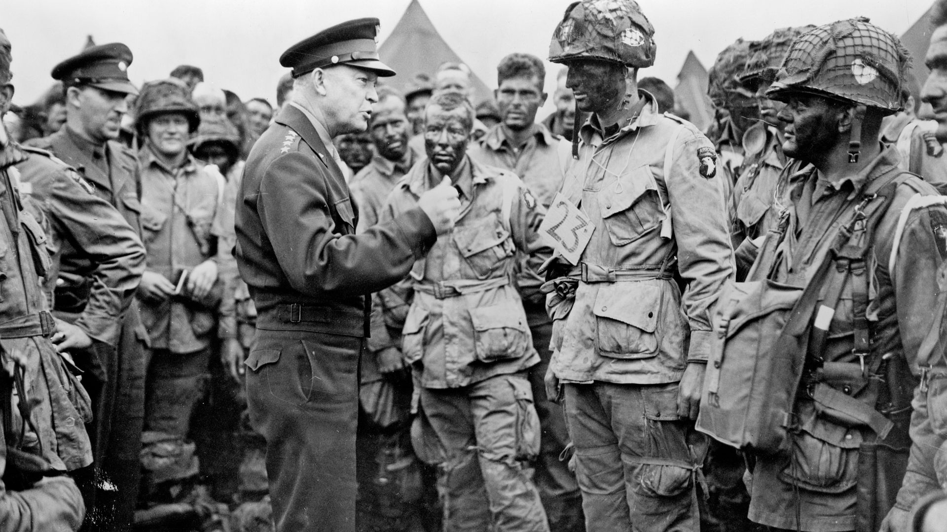 General Dwight D. Eisenhower addresses American paratroopers prior to D-Day.