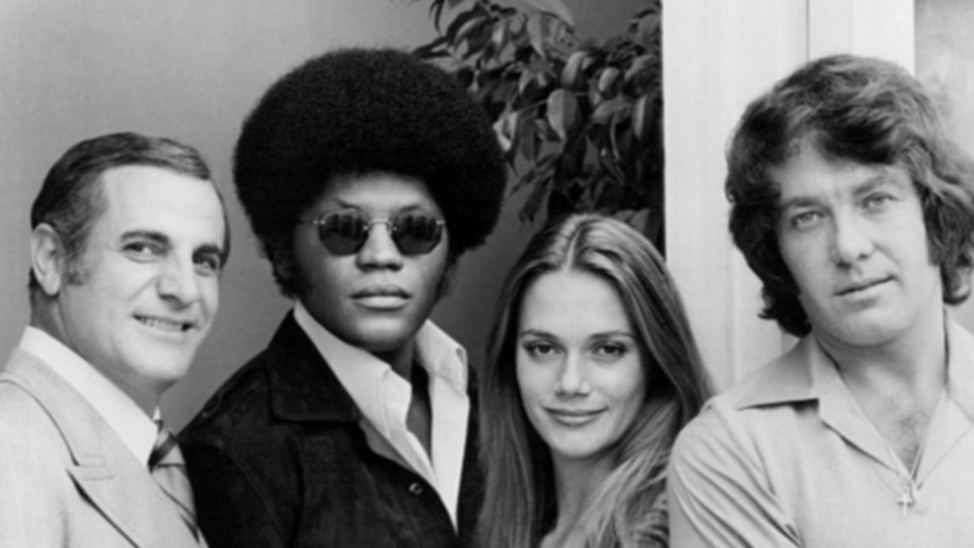 Cast photo from the television program The Mod Squad.  From left:Tige Andrews, Clarence Williams III, Peggy Lipton, Michael Cole.