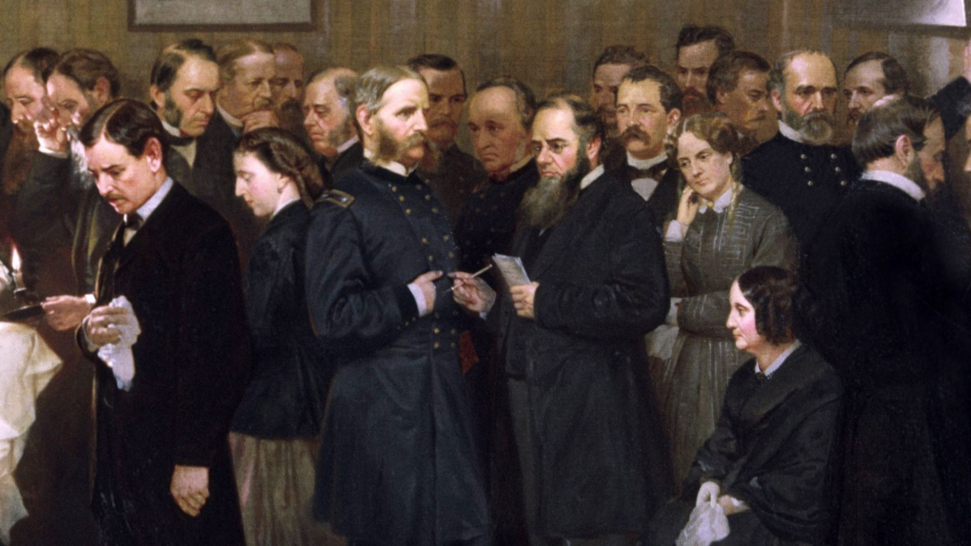 Designed by John B. Bachelder and painted by Alonzo Chappel, this work of art depicts those who visited the dying president throughout the night and early morning of April 14–15, 1865.  These people did not visit Lincoln at the same time: they could not h