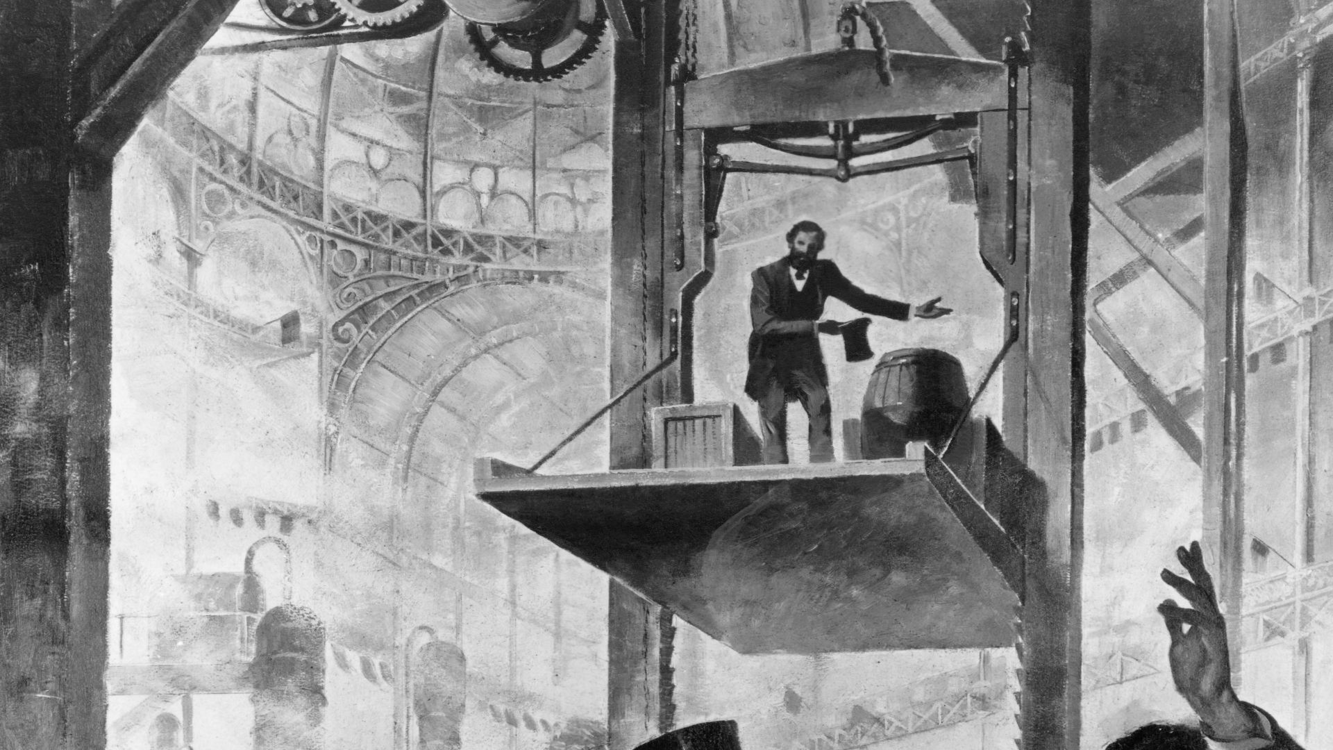 Elisha Otis demo of his free-fall prevention mechanism, New York Crystal Palace, 1854.