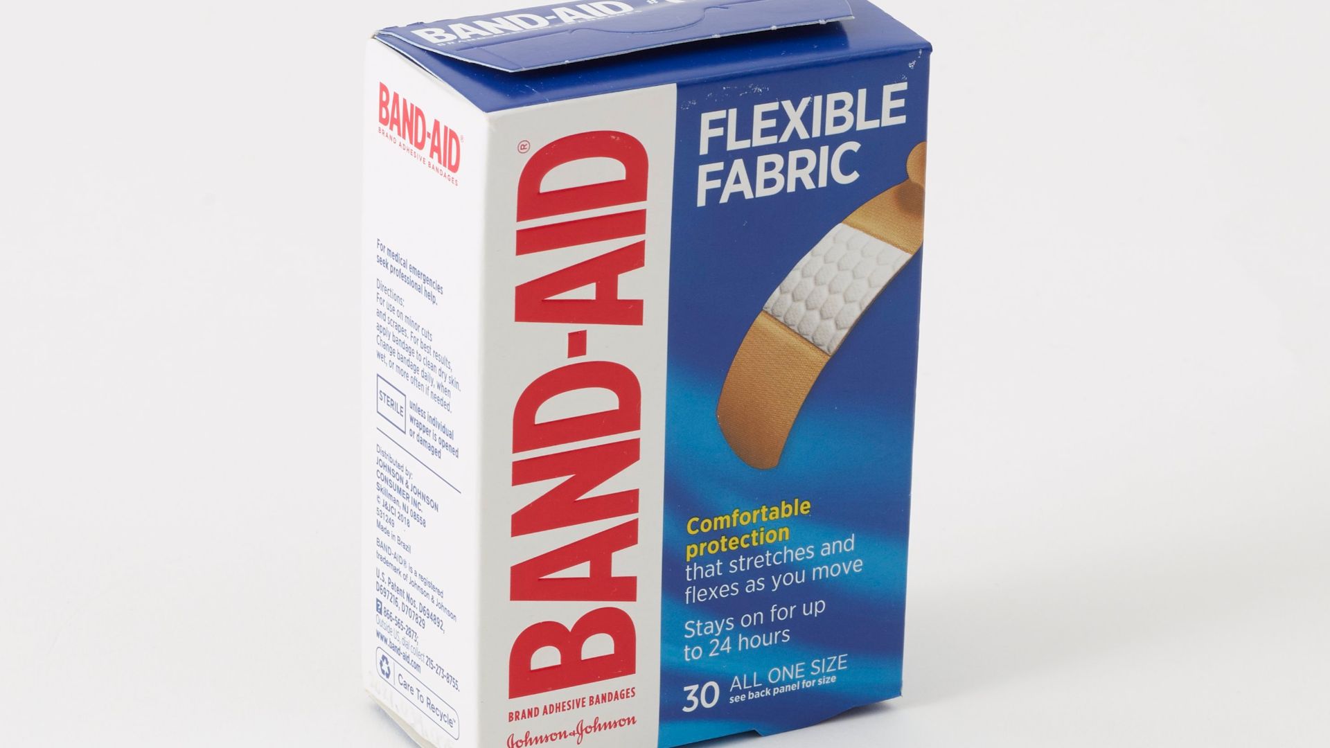 Box of BAND-AID® brand adhesive bandages. BAND-AID® bandages are a product distributed by the American pharmaceutical and medical devices company, Johnson & Johnson. Invented in 1920 by Johnson & Johnson employee, Earle Dickson (1892-1961), the brand has 