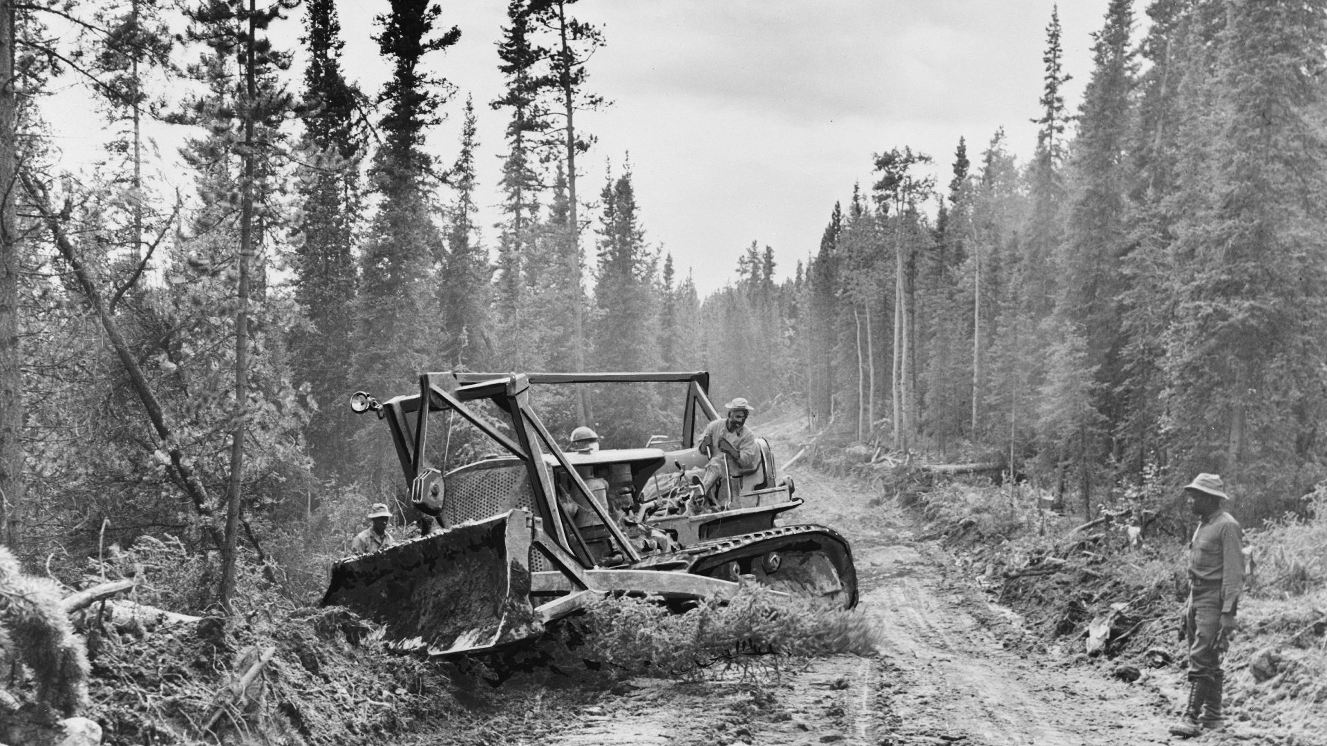 Caterpillar tractor with grader widening the roadway of the Alcan Highway.
