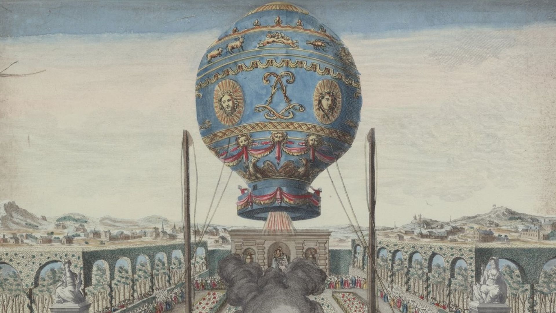 Ascension captive d'une montgolfière (Jean-François Pilâtre de Rozier) dans les jardins de la papèterie Réveillon, le 19 octobre 1783.
«Vue et perspective du jardin de Mr. Réveillon fabriquant de papiers, Fauxbourg St Antoine, à l'ancien Hôtel de Titon, o