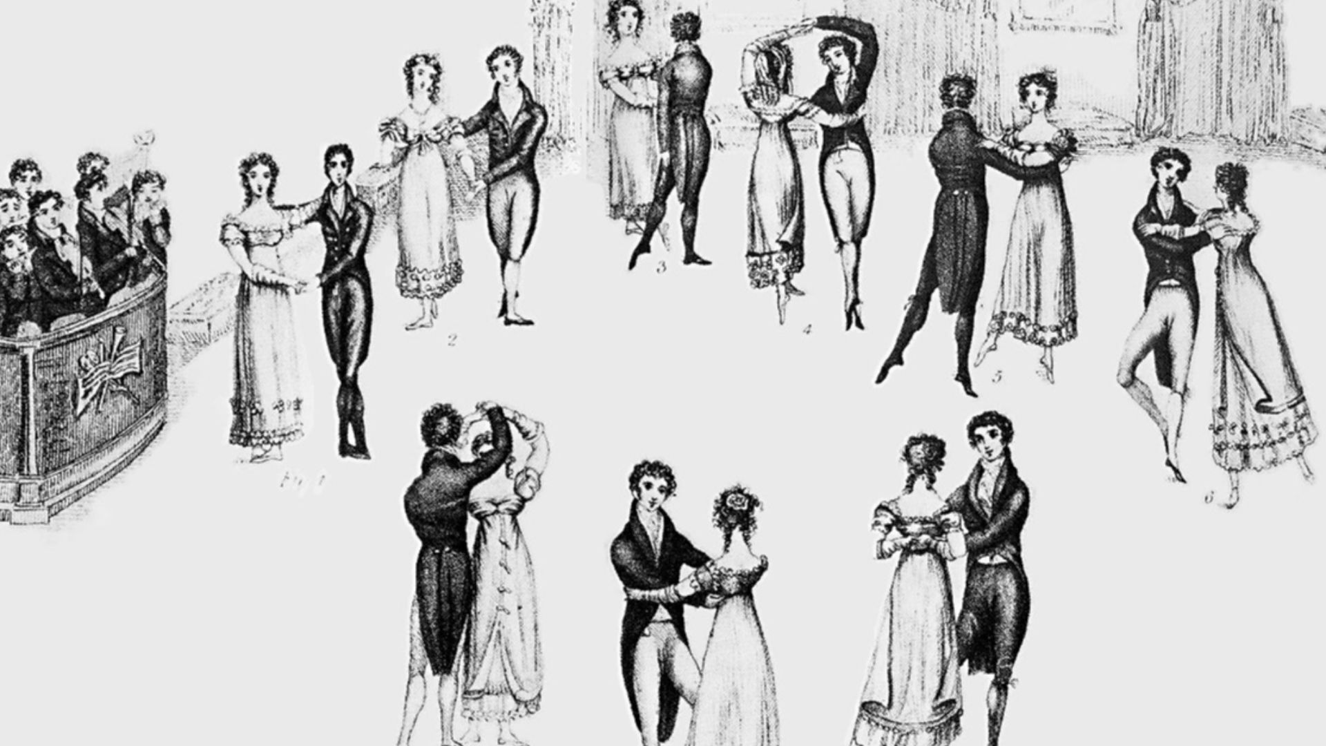 Detail from frontispiece to Thomas Wilson's Correct Method of German and French Waltzing (1816), showing nine positions of the Waltz, clockwise from the left (the musicians are at far left).  At that time, the Waltz was a relatively new dance in England, 