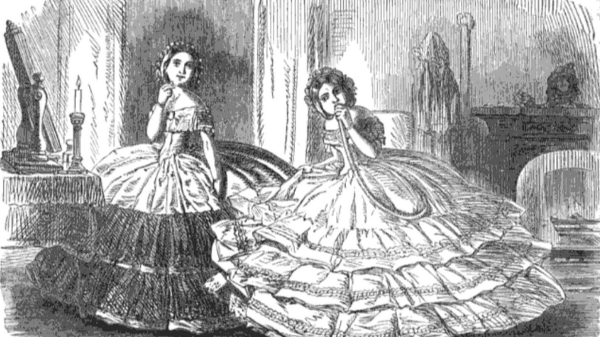 Two women dressing for a ball in inflatable crinoline dresses, one shown blowing into a rubber tube to increase the size of her skirt. The caption reads: