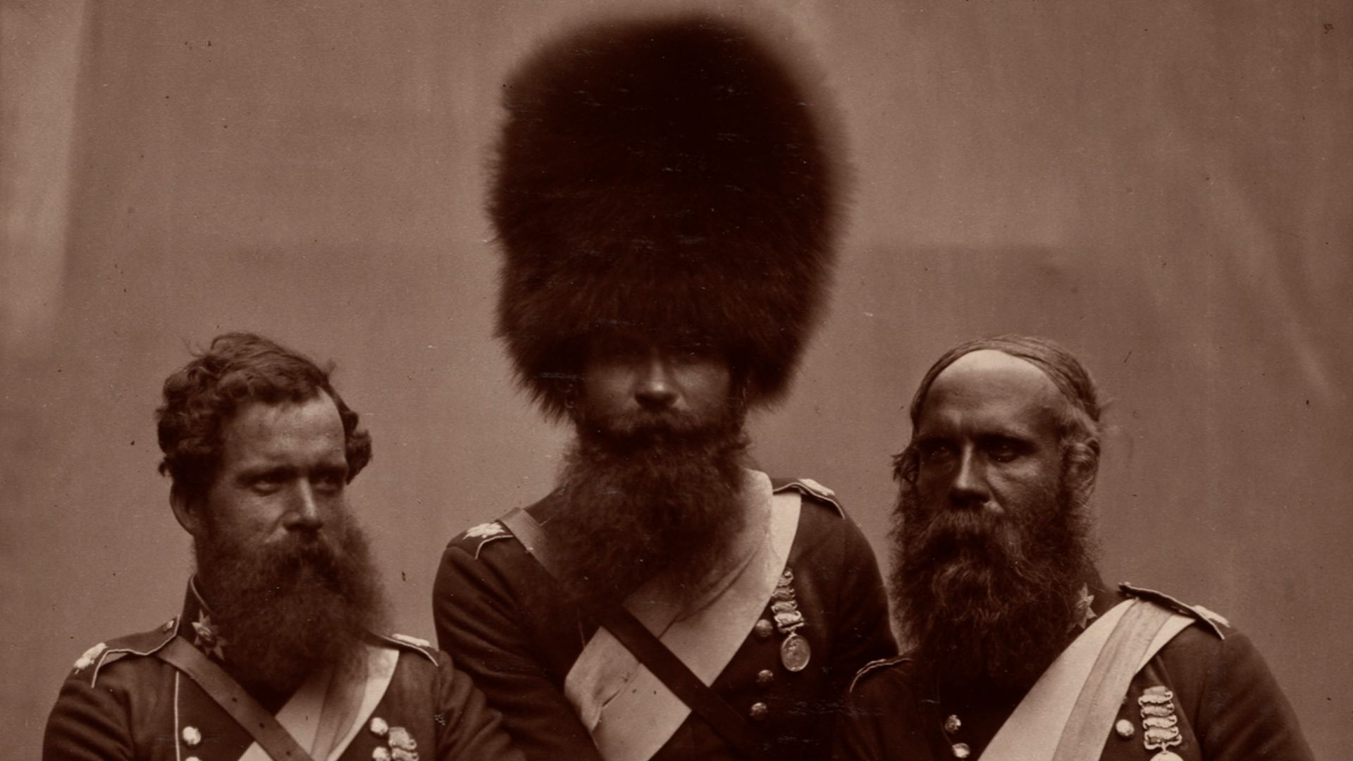 Heroes of the Crimean War: Joseph Numa, John Potter, and James Deal of the Coldstream Guards.  From the collection of Queen Victoria of the United Kingdom.  Printed in carbon; 45.5 x 35.5 cm.