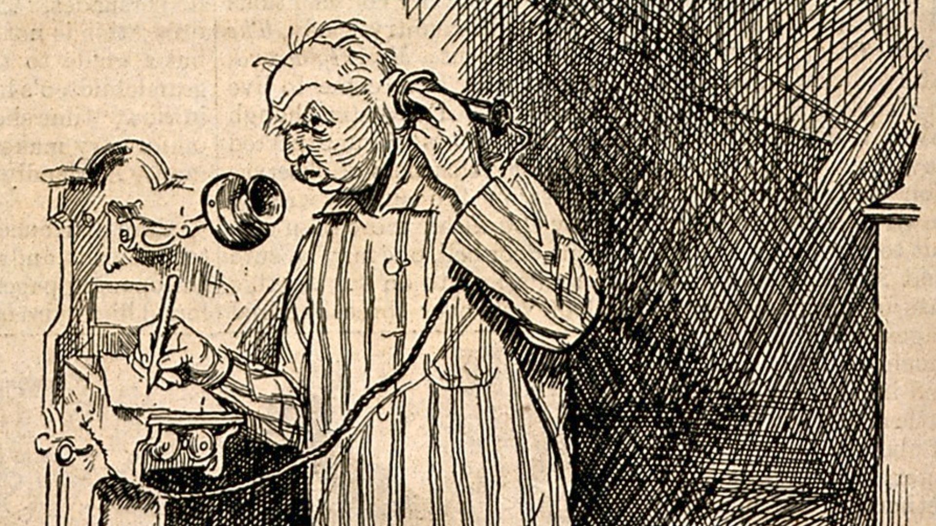 A crossword fanatic ringing up a doctor in the middle of the night to find the answer to a clue. Reproduction of a drawing after D.L. Ghilchilp, 1925.
Iconographic Collections
Keywords: D.L. Ghilchip
