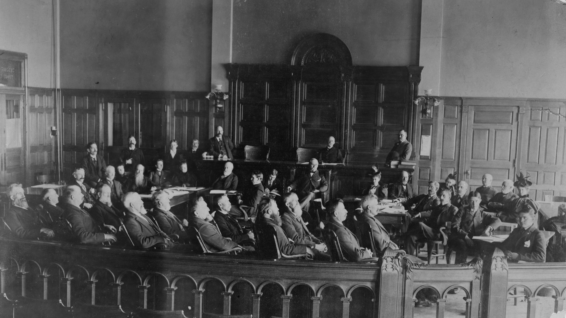 Title: Scene in courtroom, Morrison Will case at Richmond, Indiana, in 1895. The longest jury trial in the U.S. up to that time. Began Jan. 2, ended May 10
Abstract/medium: 1 photographic print.