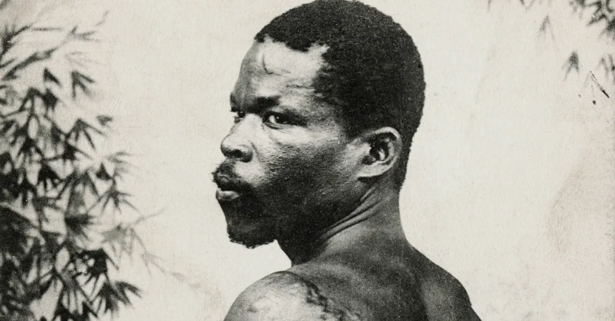 Postcard of Ludger Sylbaris (aka Louis-Auguste Cyparis), survivor of the Mt. Pelée eruption, Martinique, 1902
