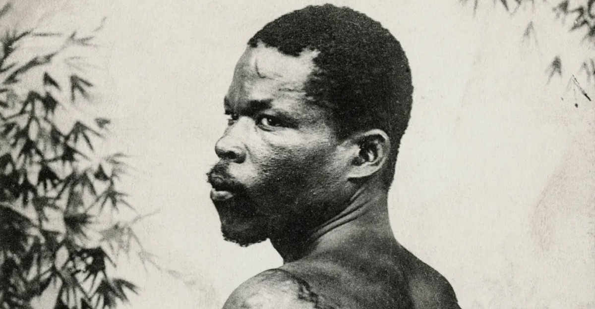 Postcard of Ludger Sylbaris (aka Louis-Auguste Cyparis), survivor of the Mt. Pelée eruption, Martinique, 1902