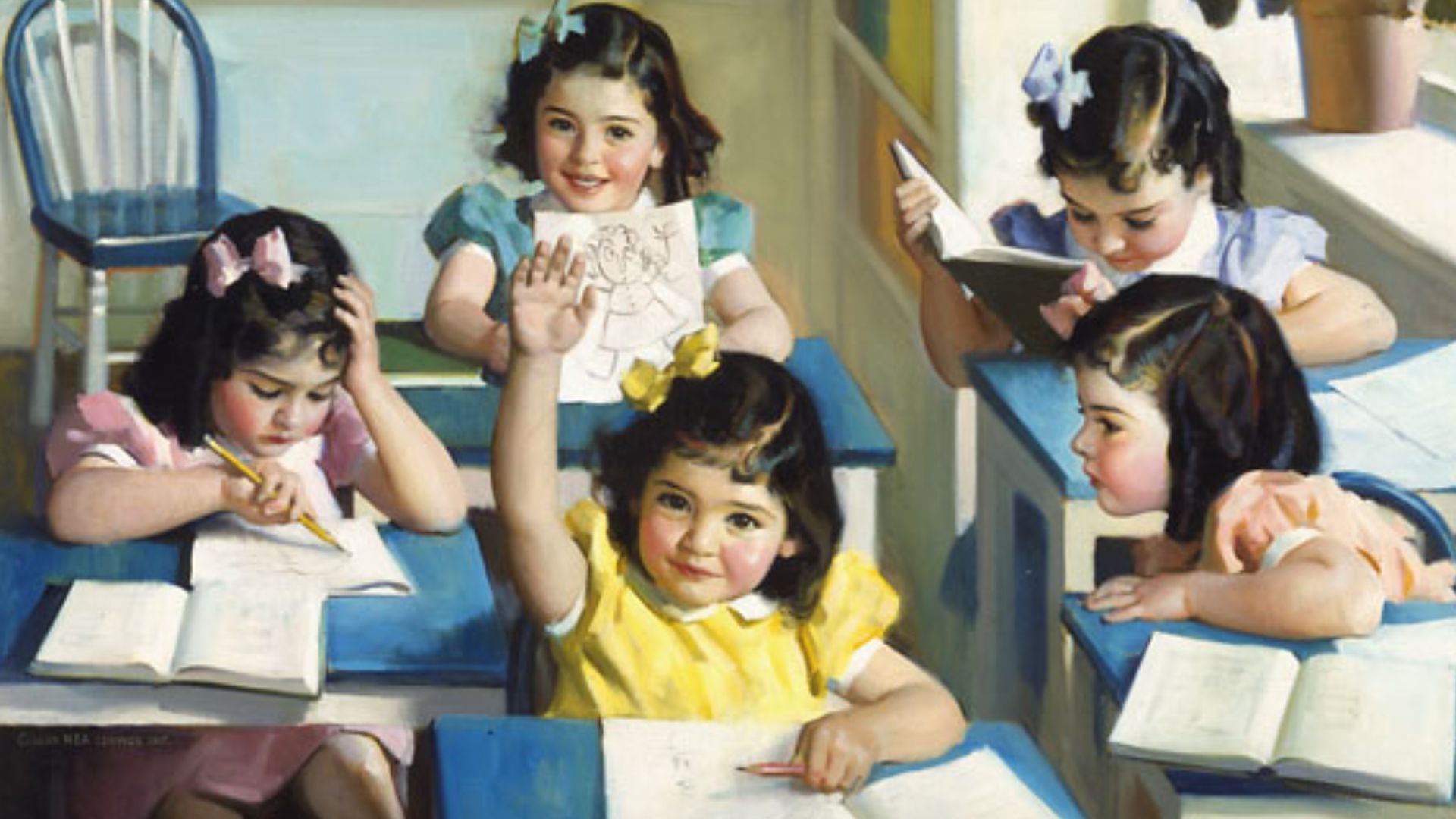 Dionne Quintuplets - School Days. Painting by Andrew Loomis, 1938.