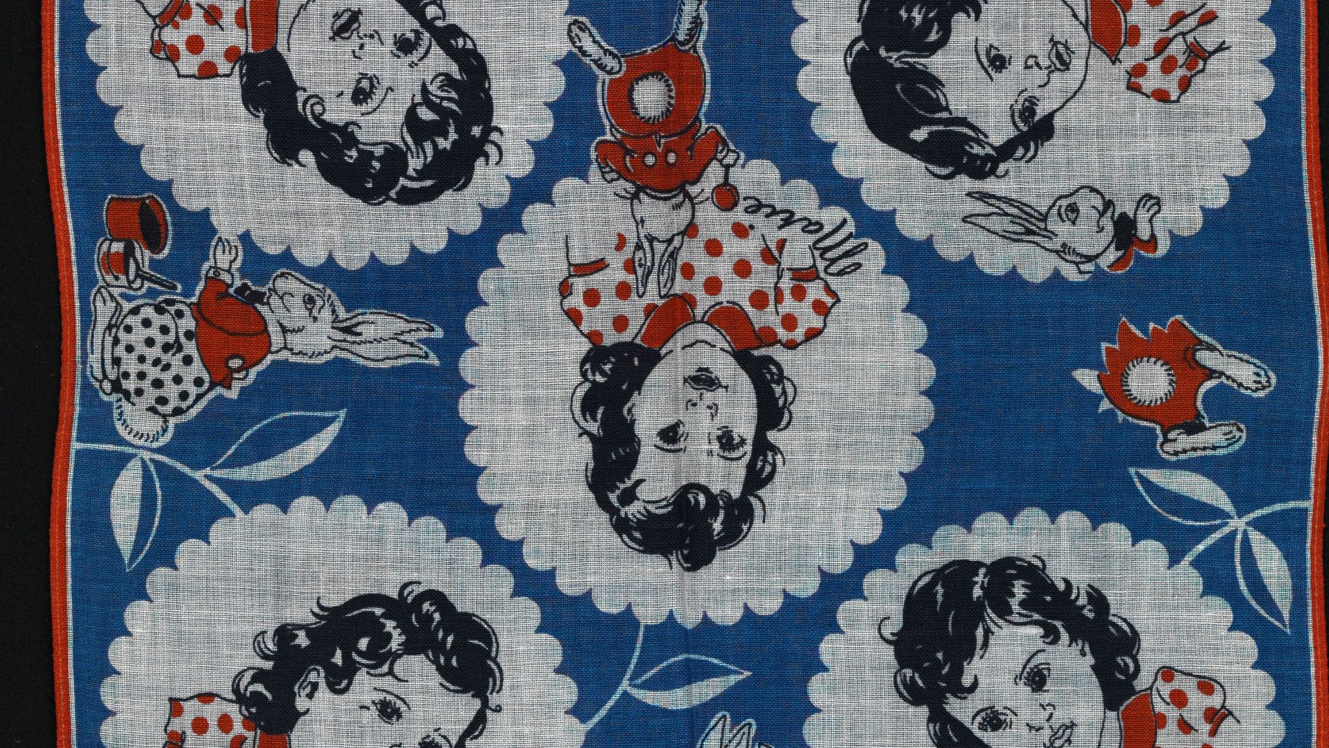 This handkerchief was produced as a souvenir of the Canadian Dionne Quintuplets, five sisters born in Ontario, Canada, in 1934. They were the first quintuplets to survive infancy, and were made wards of the state under the Dionne Quintuplets Guardianship 