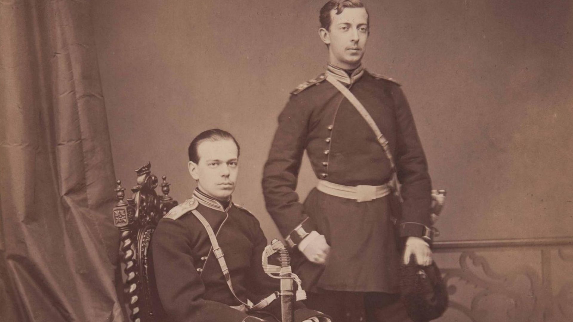 Russian Tsarevich Nikolai Alexandrovich (standing) and brother - Grand Duke Alexander Alexandrovich. 1864.