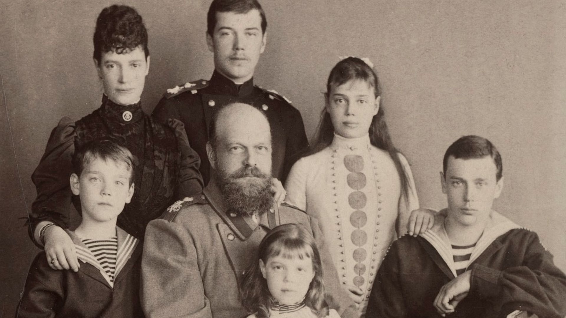 Photograph of Alexander III, Emperor of Russia (1845-94) and his consort Maria Feodorovna, Empress of Russia (1847-1928) with their children Tsesarevich Nicholas (1868-1918), later Nicholas II, Grand Duke George Alexandrovich (1871-99), Grand Duchess Xeni