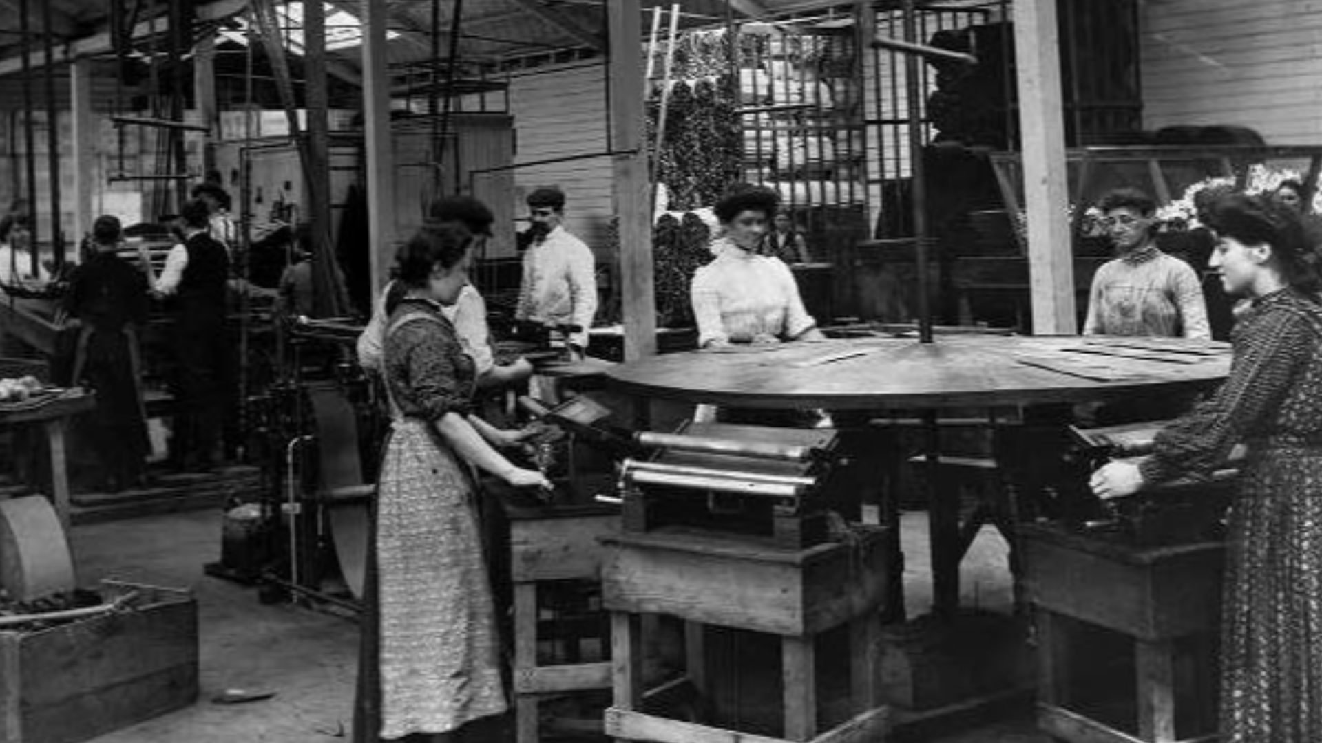 Image taken circa 1906 of workers in a match factory owned by C.R.E. Bell (of R. Bell and Co. London) on Riddiford Street in Newtown, a suburb of Wellington, New Zealand. The factory was opened by Richard Seddon in July 1895 and employed about 80 girls. T