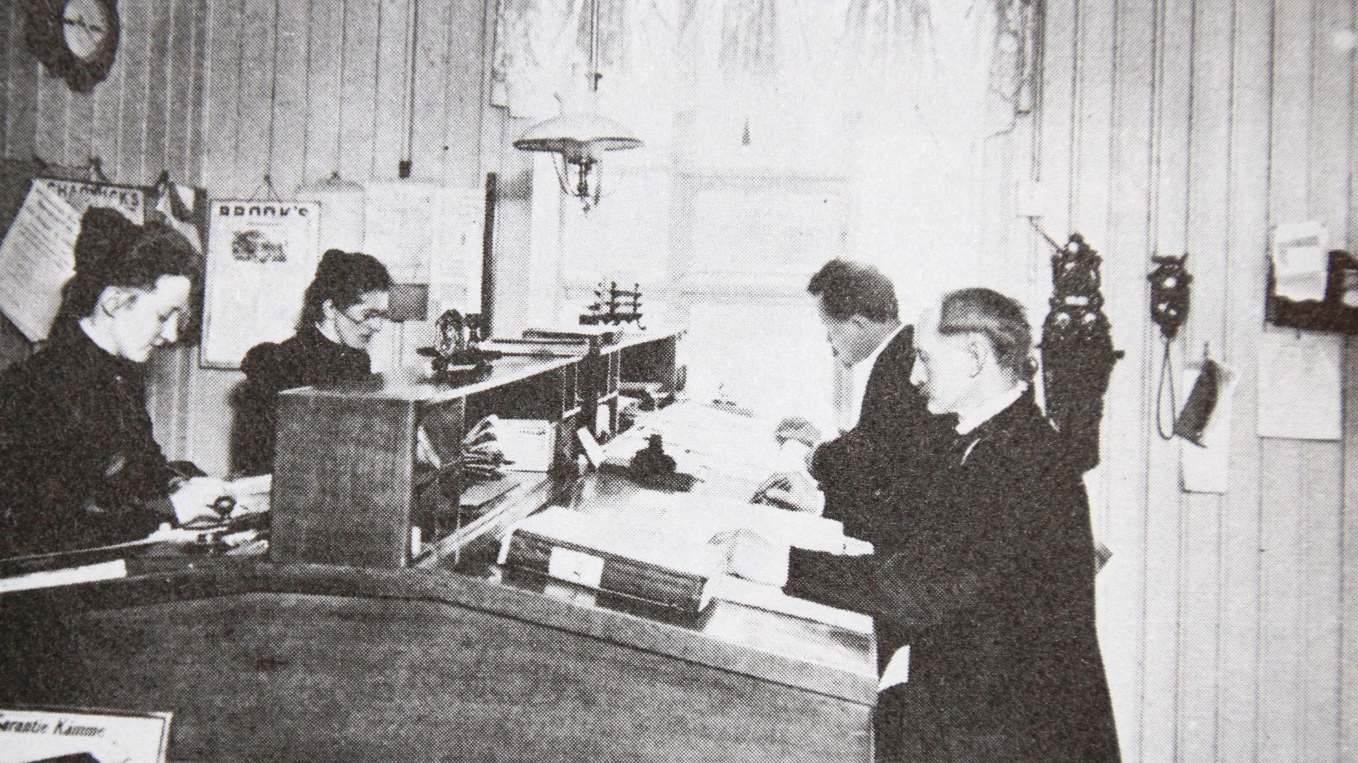 Wholesale department administration office in Trondheim, Norway, 1900s (1900-1910). Telephone at the wall.