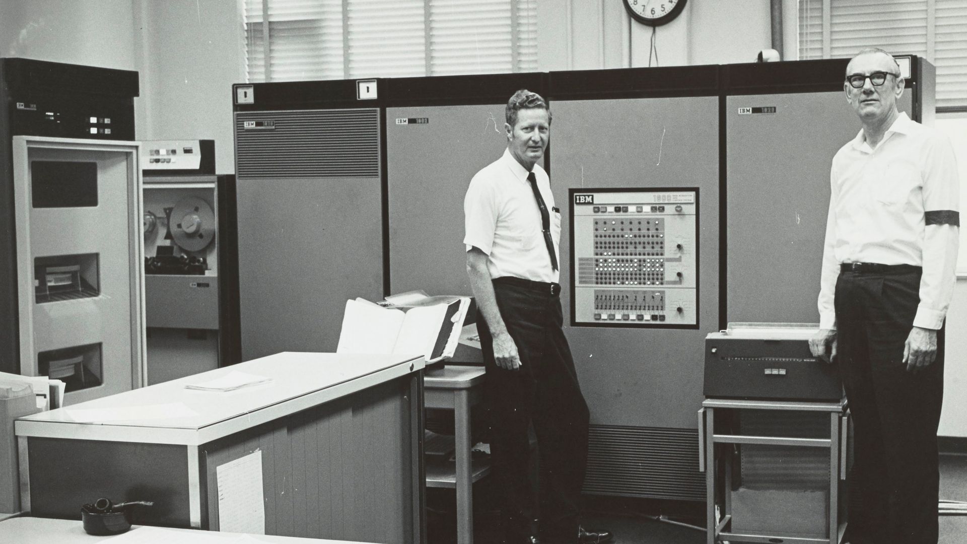 View of the IBM 1800 Data Acquisition and Control System computer used to accept and process data from a mass spectrometer at the Exxon Research and Engineering Company laboratory in Baytown, Texas. This photograph was taken on the day that use of the com