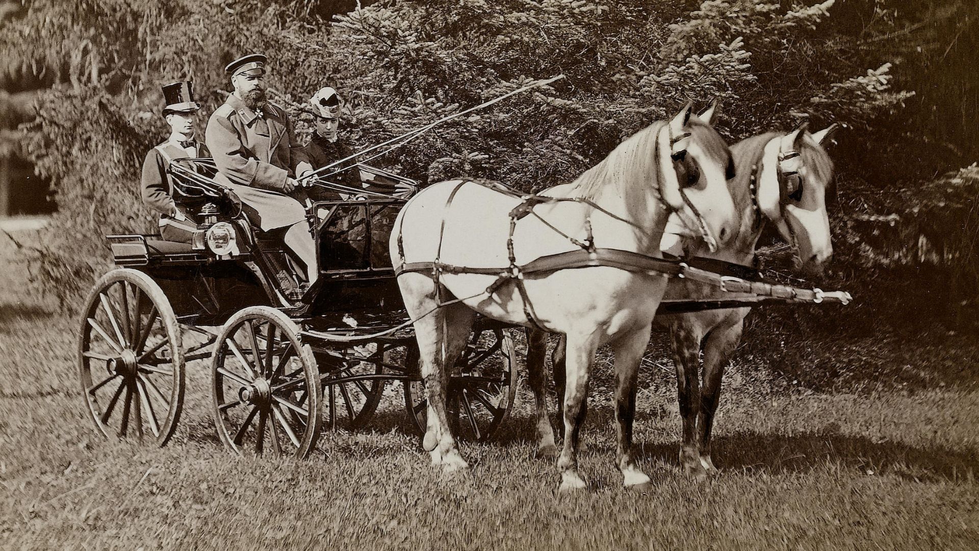 Emperor Alexander III of Russia with his wife Maria Fyodorovna on a horse carriage.
