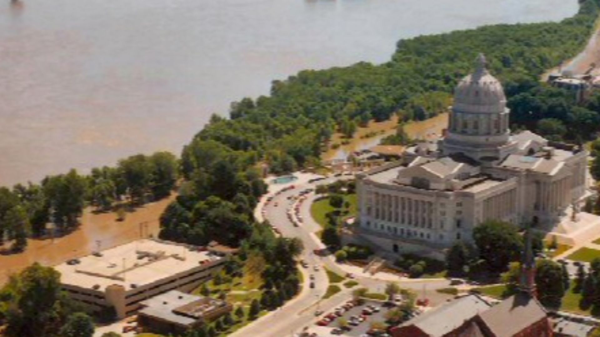 US Army Corp of Engineers photo of the Missouri River's damage to US Highway 63, Jefferson City, Missouri, near the Missouri Capitol building during the
