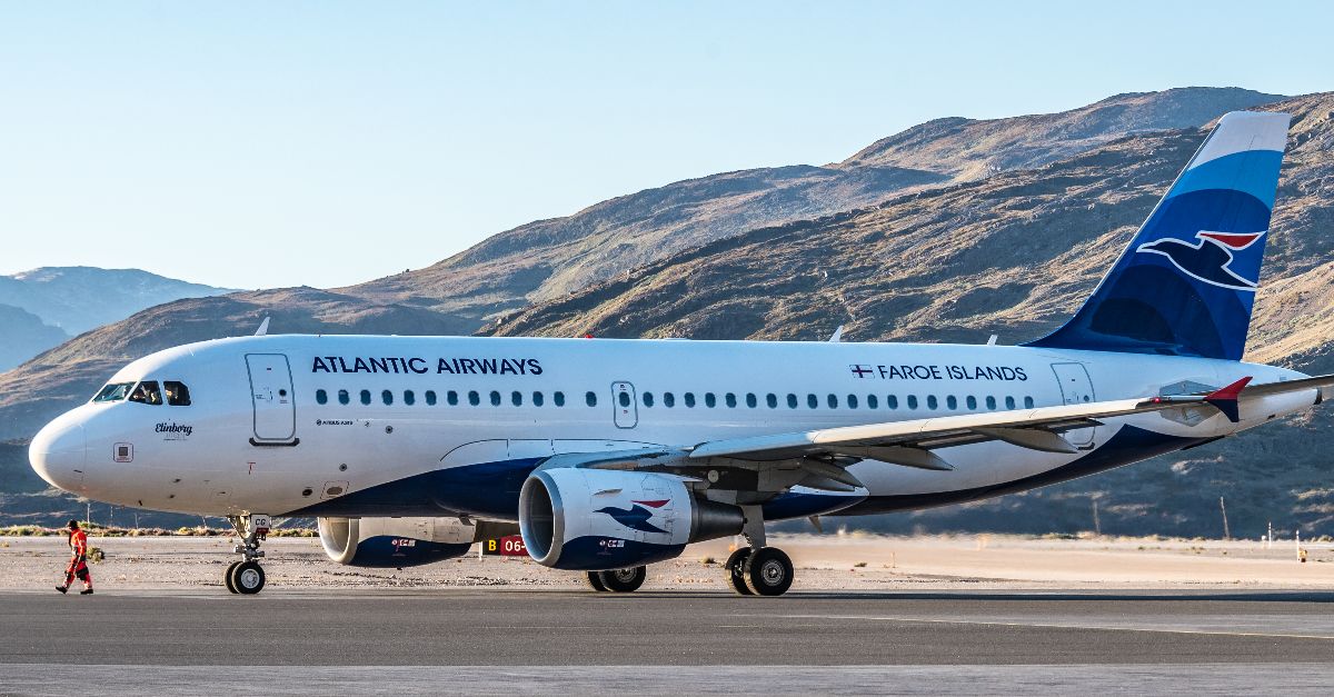 Atlantic Airways (Faroe Islands) Airbus A319 aircraft (OY-RCG) preparing for take-off at Narsarsuaq Airport (Mittarfeqarfiit), Greenland on September 12, 2017.