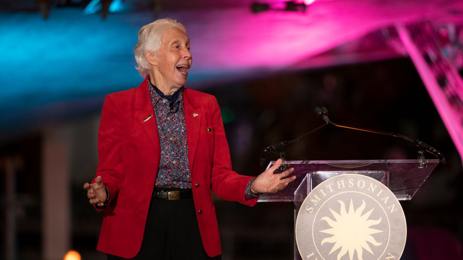 Wally Funk delivers remarks after accepting the 2022 Michael Collins Trophy for Lifetime Achievement, Thursday, March 24, 2022, at the Smithsonian National Air and Space Museum’s Steven F. Udvar-Hazy center in Chantilly, Va. The Smithsonian National Air a