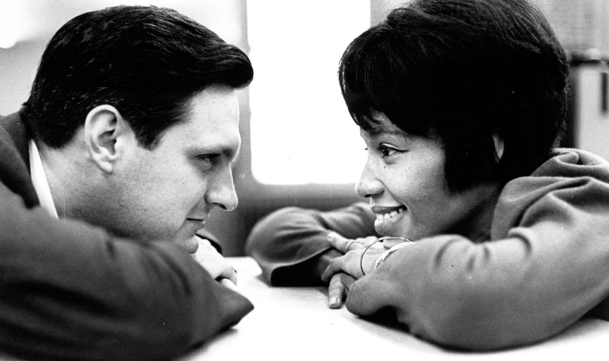Actors Alan Alda (left) and Diana Sands stars at one another in a scene from the Broadway production 