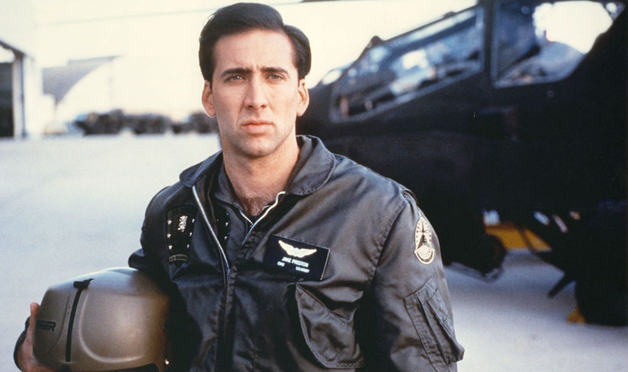 American actor Nicolas Cage on the set of Fire Birds, directed by British director David Green.