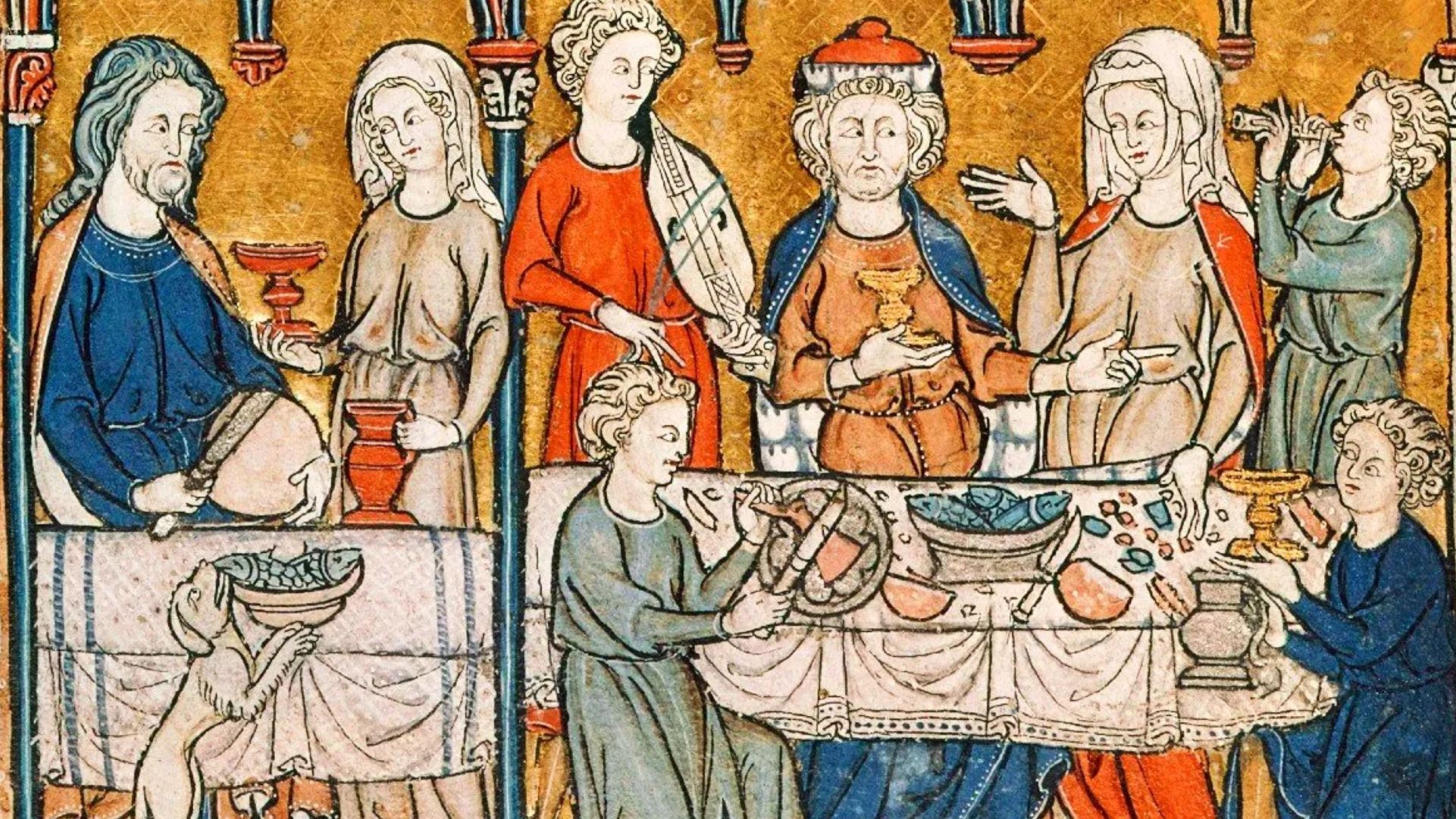 A medieval feast, France, 1290-1300; Add MS 28162, f. 10v