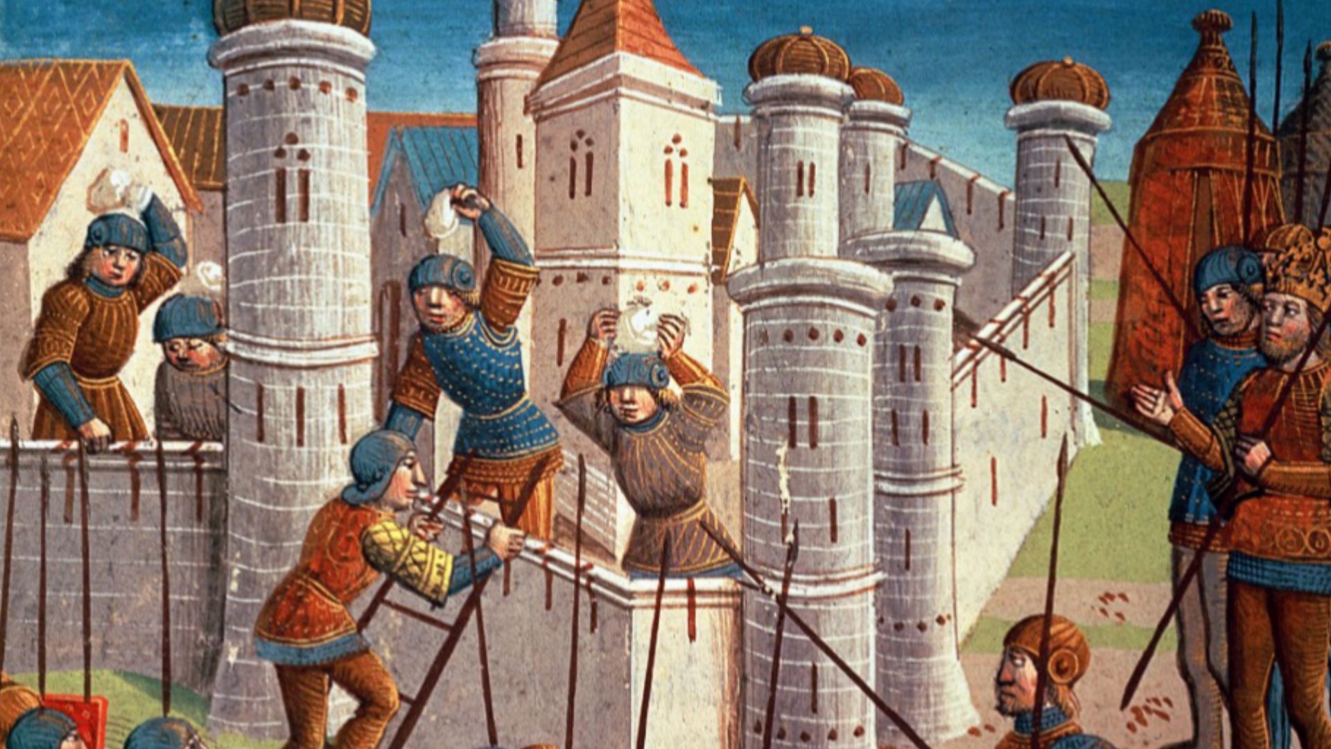Siege of a city. Painted miniature from a luxury copy of an incunable print of Ogier le Danois, ed. Antoine Vérard, Paris 1496–1499, held at Biblioteca Nazionale, Turin, XV-V-183, fol. diii v. Illustration of a fictional reconquest of Rome from Saracen oc
