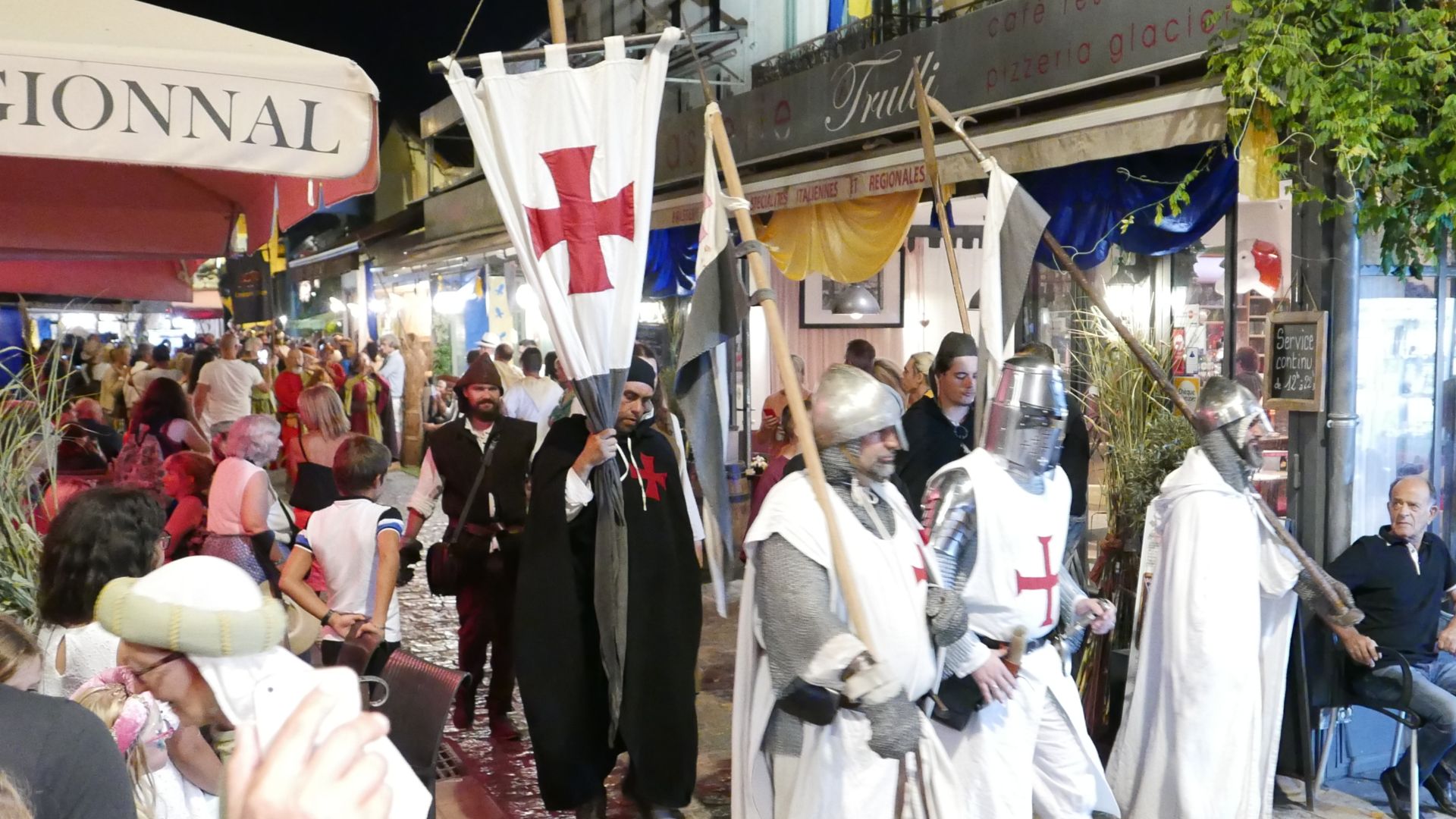 Aigues-Mortes (Gard, Camargue, France), medieval show of The Saint Louis Day, night parade on Saturday August 24, 2019.