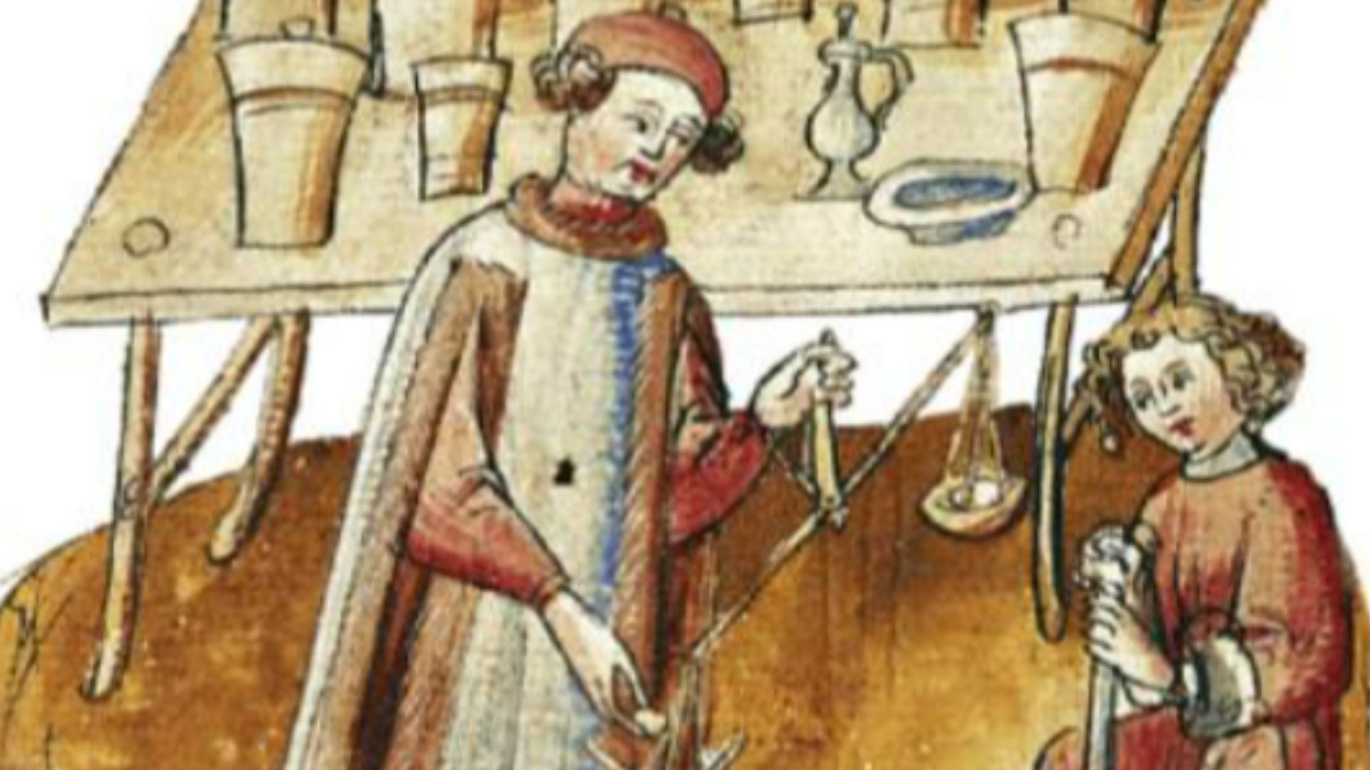 A patient at a medieval apothecary is treated with herbal remedies.