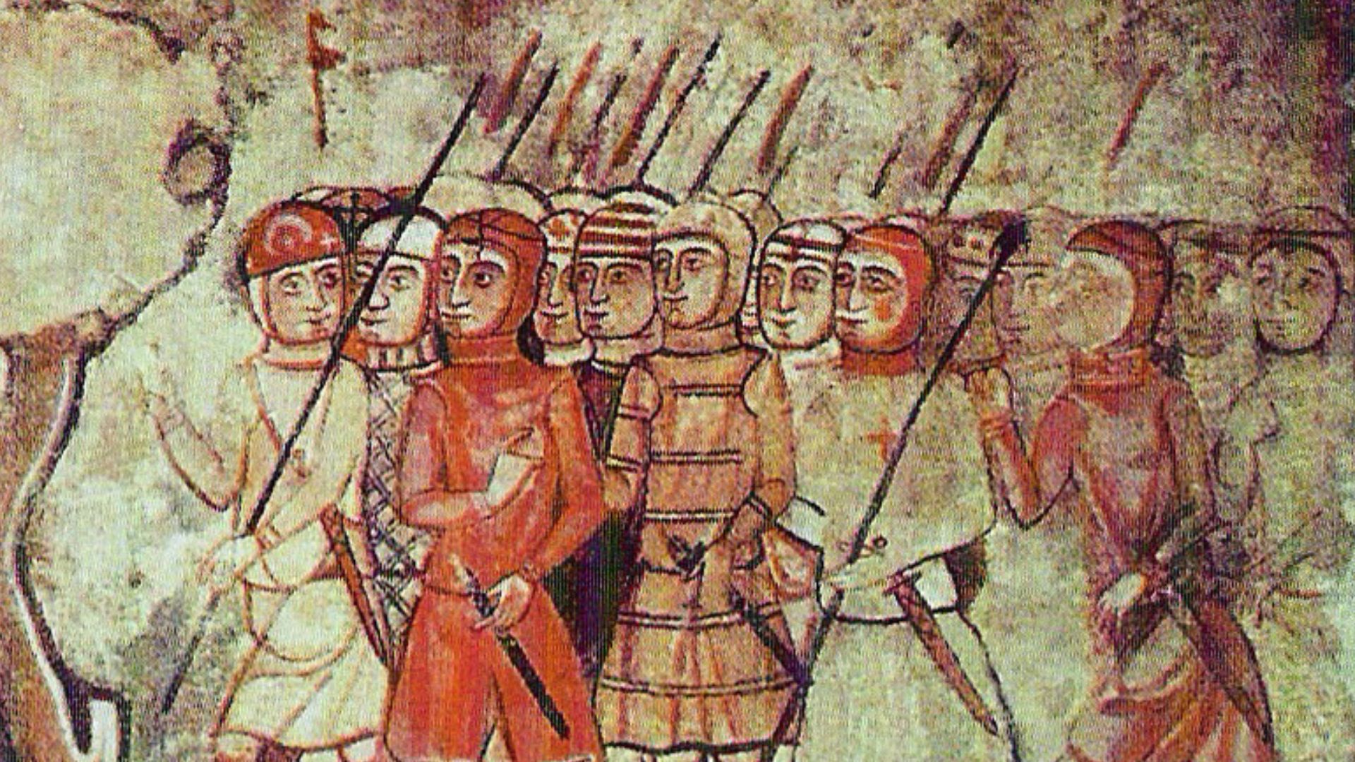 possiblement almogàvers a la conquesta de mallorca; Soldiers of the army of King James I (1208-1276). Infantry and archers. Mural paintings of Tinell Hall. Detail. Second half of the 13th century.