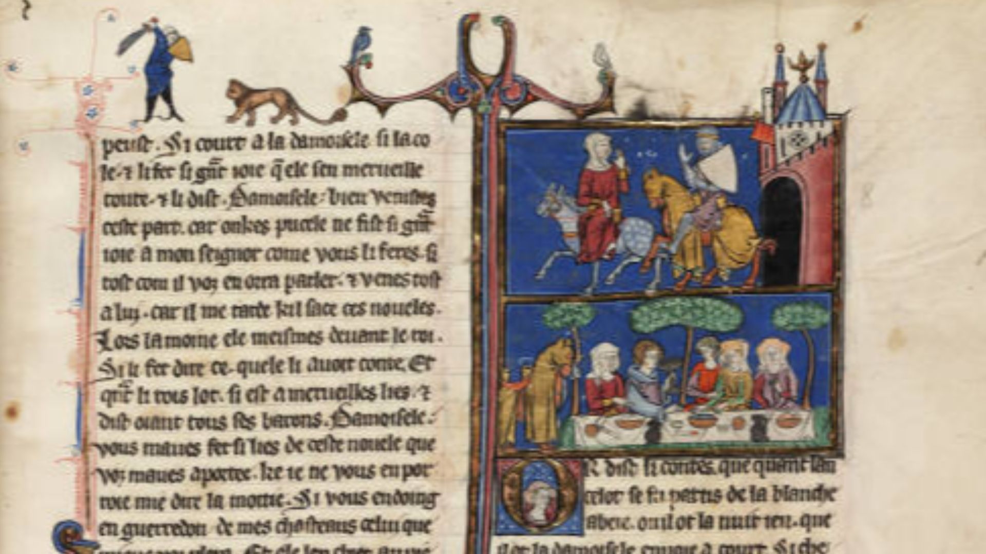 Page from the Arthurian Romances, a medieval illuminated manuscript written in northern France at the end of the 13th century. The book, written on parchment by one scribe, shows scenes of animals, musicians, jesters and archers. According to curators at 