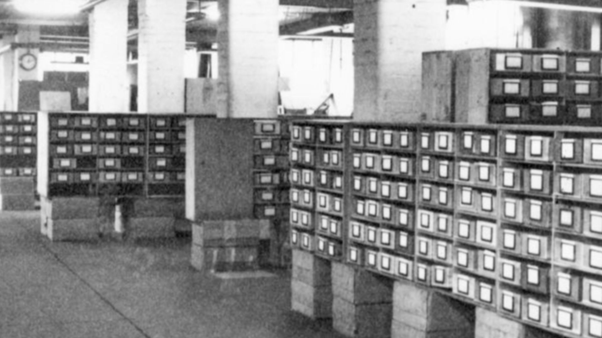 One of the set of 129 photographs of the Government Code and Cypher School at Bletchley Park. This one shows rows of cabinets probably containing 5in x 9in index cards.