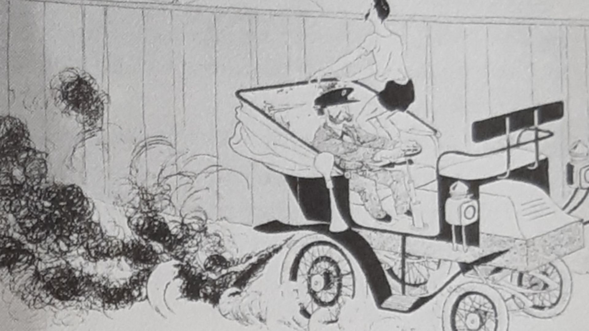 Cartoon representing Fred Lorz cheating during the 1904 Olympic Marathon. The author is Unknown.