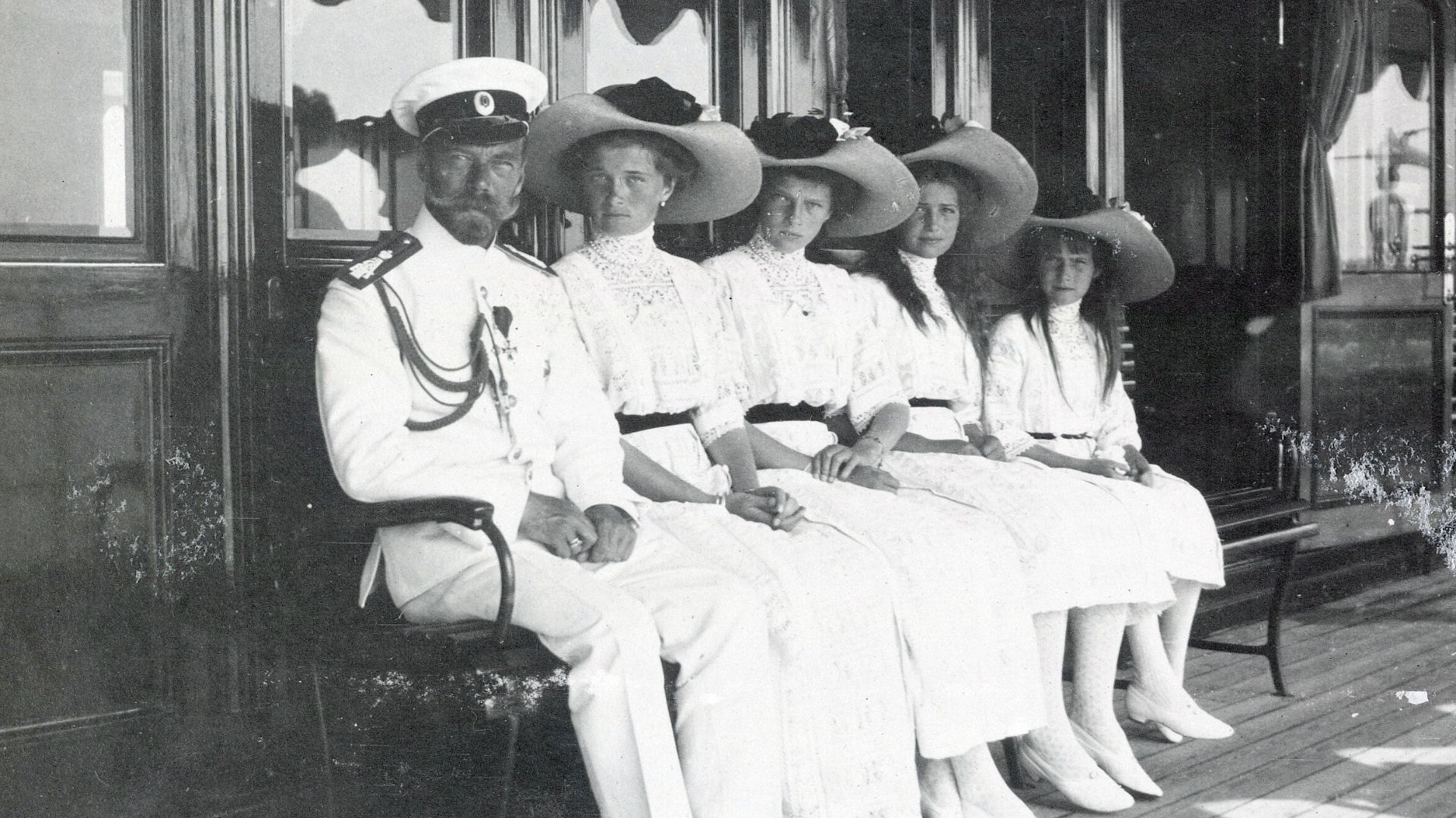 Tsar Nicholas II with his four daughters aboard the Imperial yacht Polar Star.