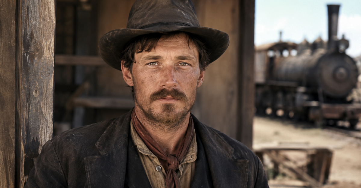 1900s Rugged man with locomotive backdrop