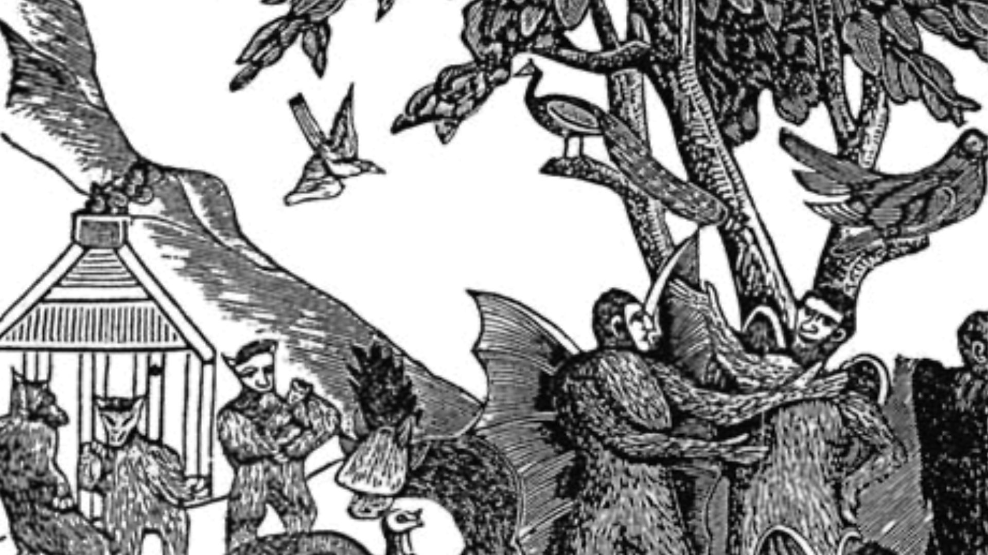 A busy lunar landscape, as depicted in a Welsh edition of the moon series. Note the plume of
smoke issuing from the hut of the biped beavers.

(Frontispiece of Hanes y Lleuad © The British Library Board. All Rights Reserved.)