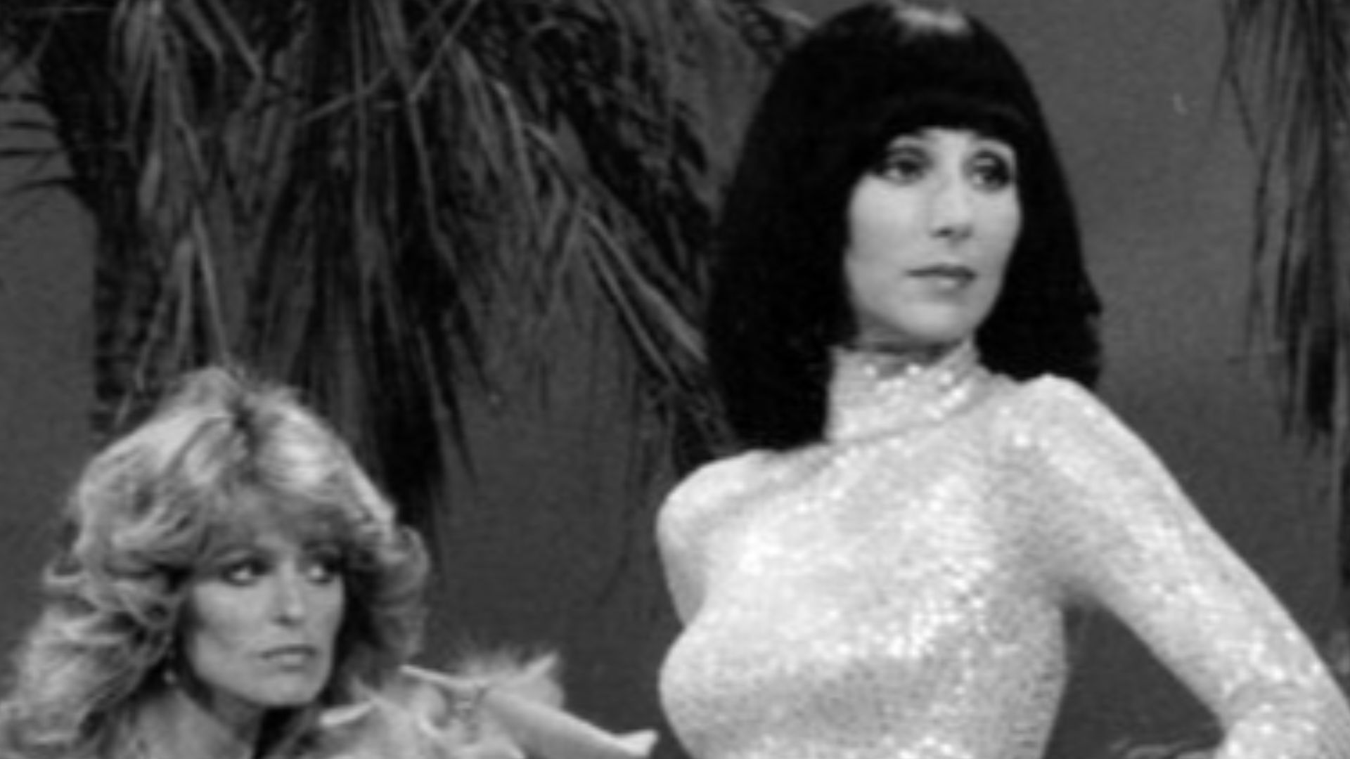 Photo of Farrah Fawcett and Cher from the television program The Sonny and Cher Show. Gown designs by Bob Mackie.