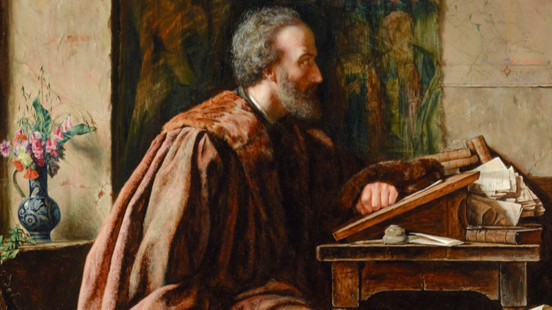 Sir Walter Raleigh in the Tower by Henry Wallis depicting Raleigh imprisoned in the Tower of London. Exhibited at the Royal Academy in 1856. Oil on panel. 25