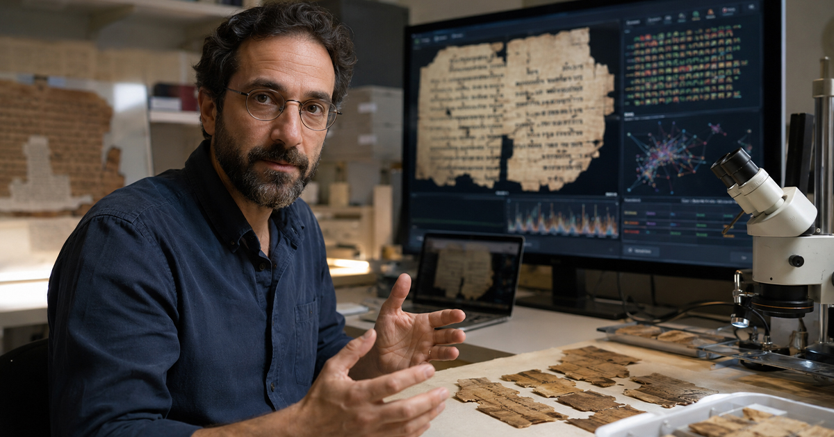 A researcher studying snippets of the bible