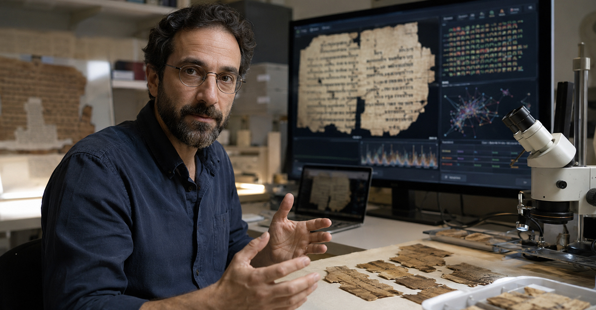 A researcher studying snippets of the bible