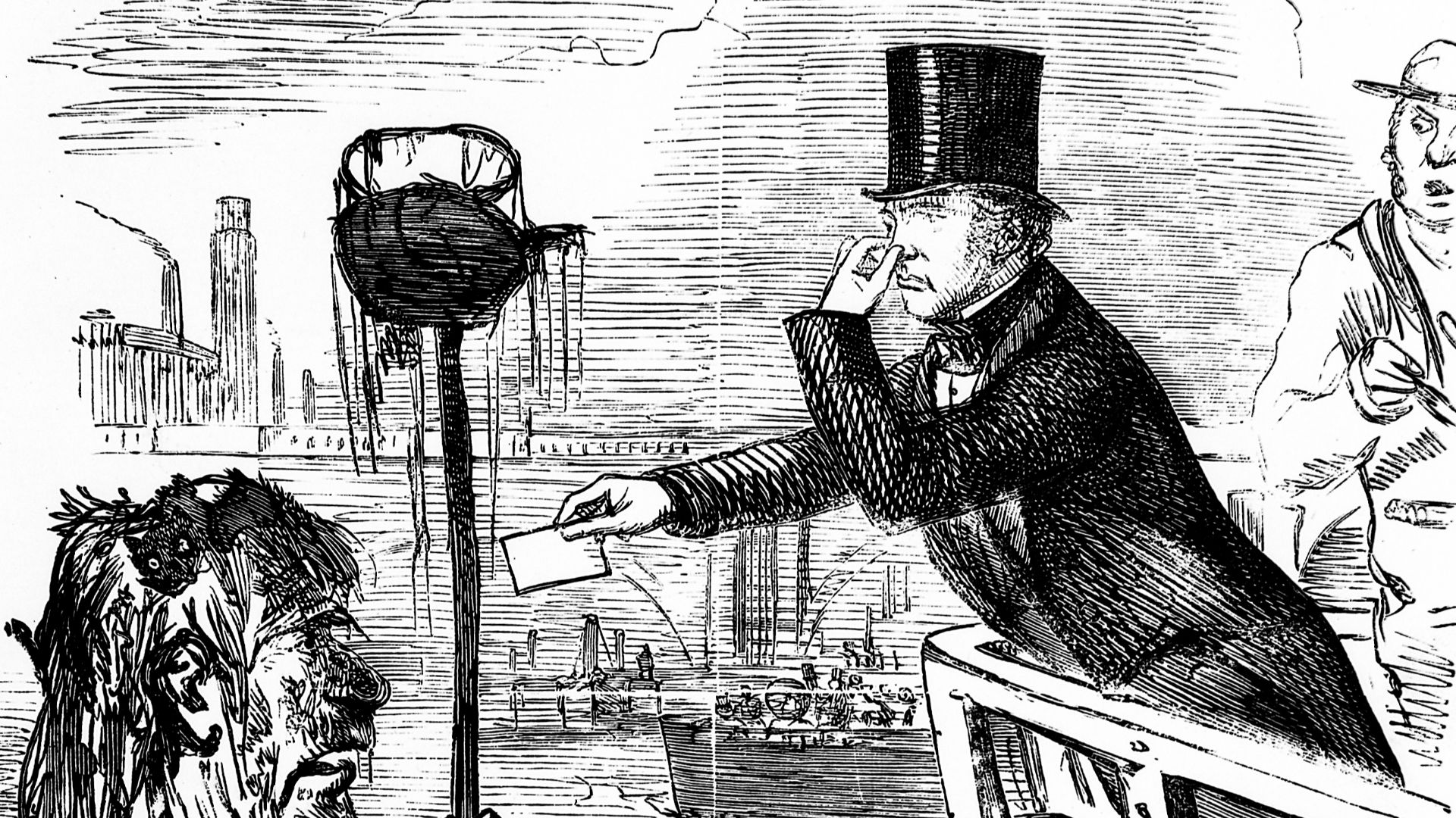 Caricature: Faraday giving his card to Father Thames. 'And we hope the Dirty Fellow will consult the learned Professor.'

General Collections
Keywords: Public Health; river pollution