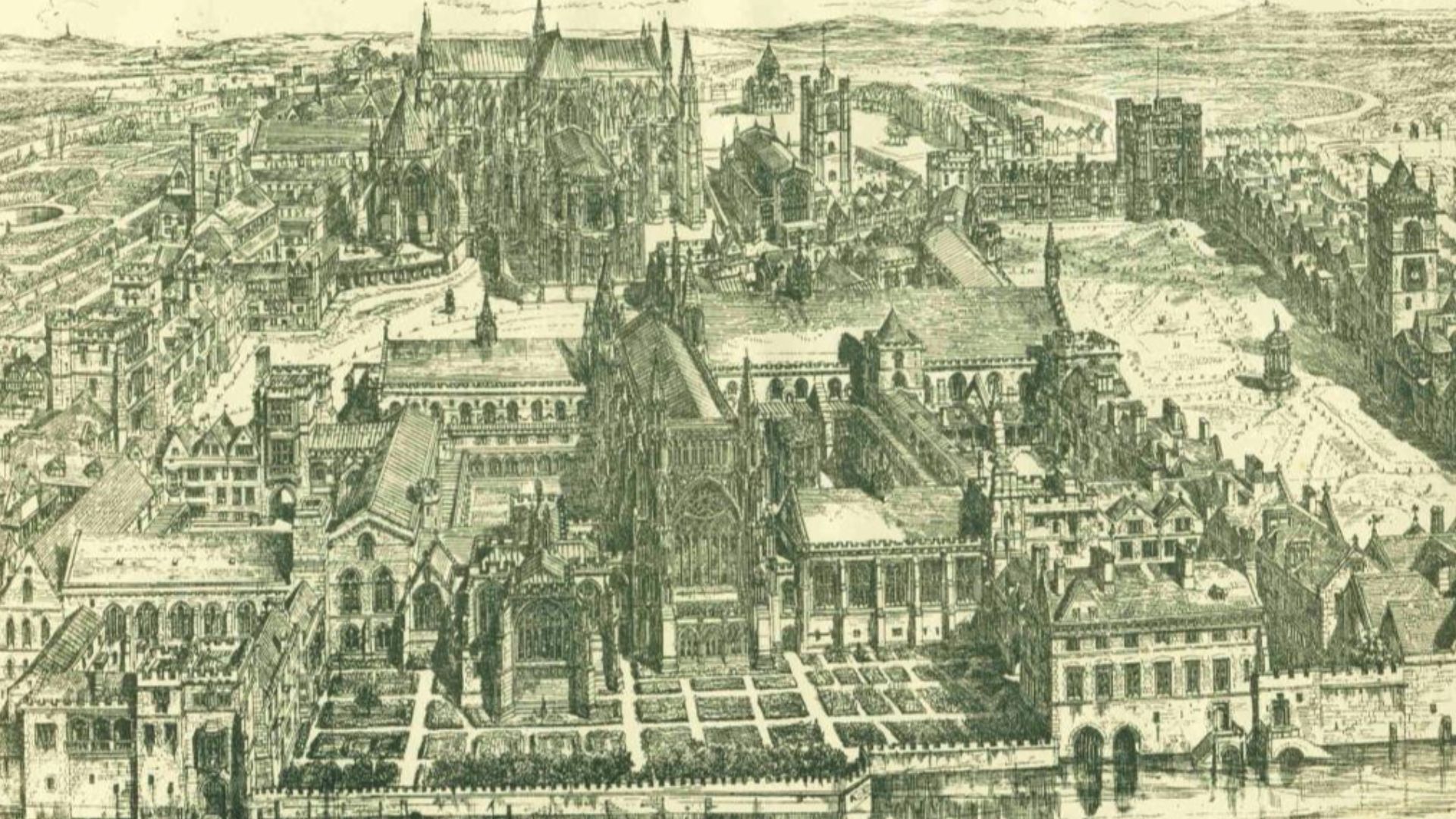 according to parliament.uk: A reconstructed perspective drawing by Brewer giving a detailed description of the Old Palace in the time of Henry VIII. Seen from the east, from the south entrance on the left to the clock tower in New Palace Yard on the right