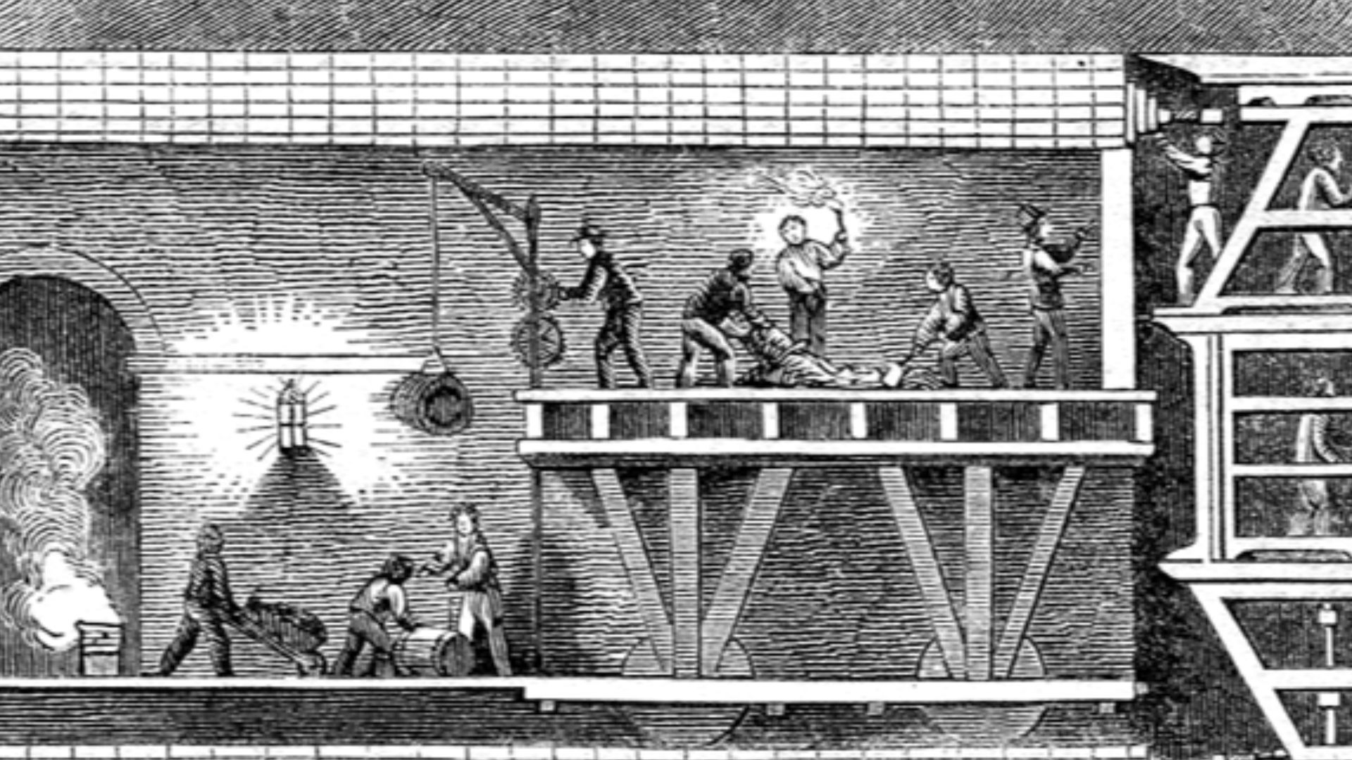 Diagram of the tunnelling shield used to construct the Thames Tunnel, London.